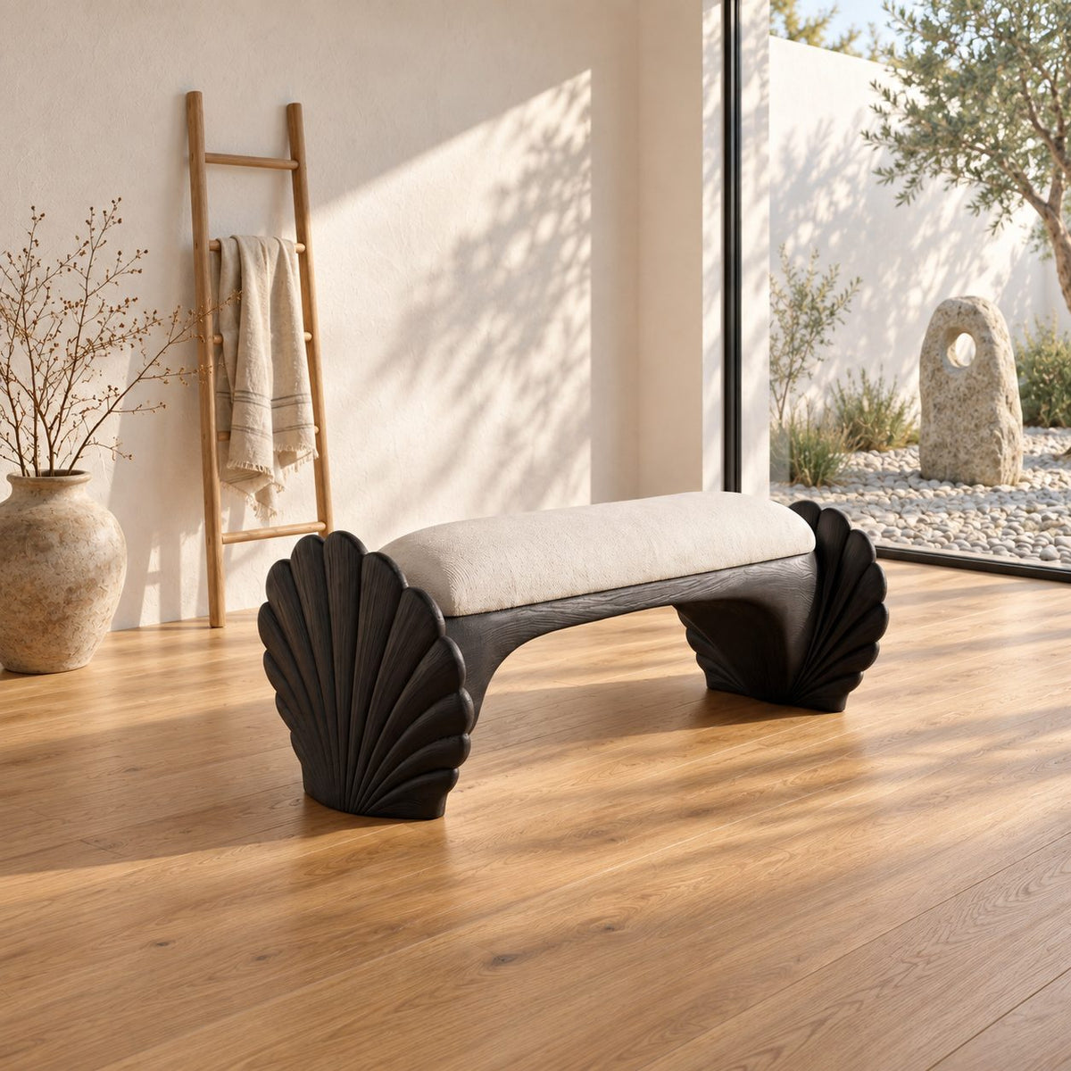 Scallop Shell End Bench, Carved Solid Wood Coastal Bedroom Bench with Arched Seat