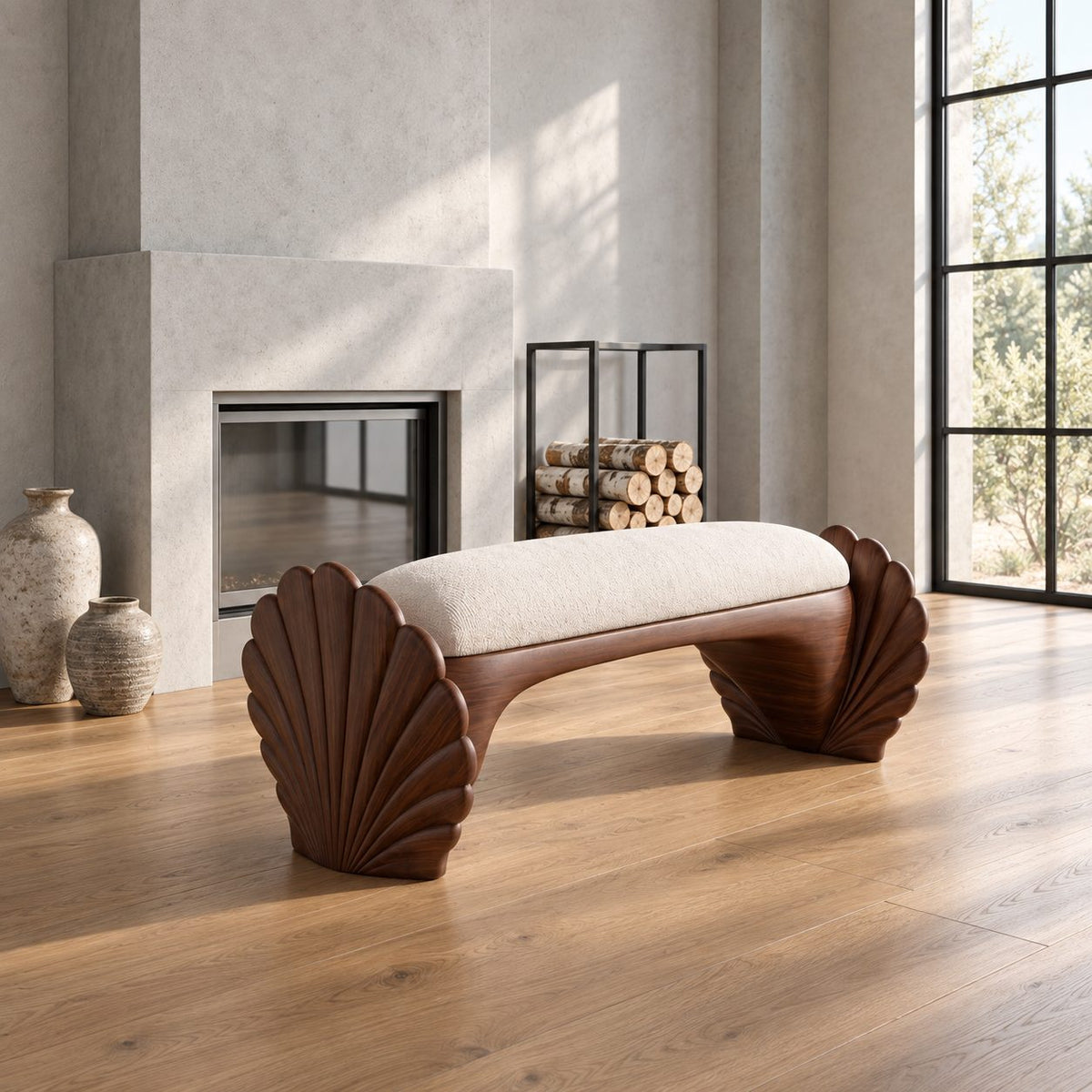 Scallop Shell End Bench, Carved Solid Wood Coastal Bedroom Bench with Arched Seat