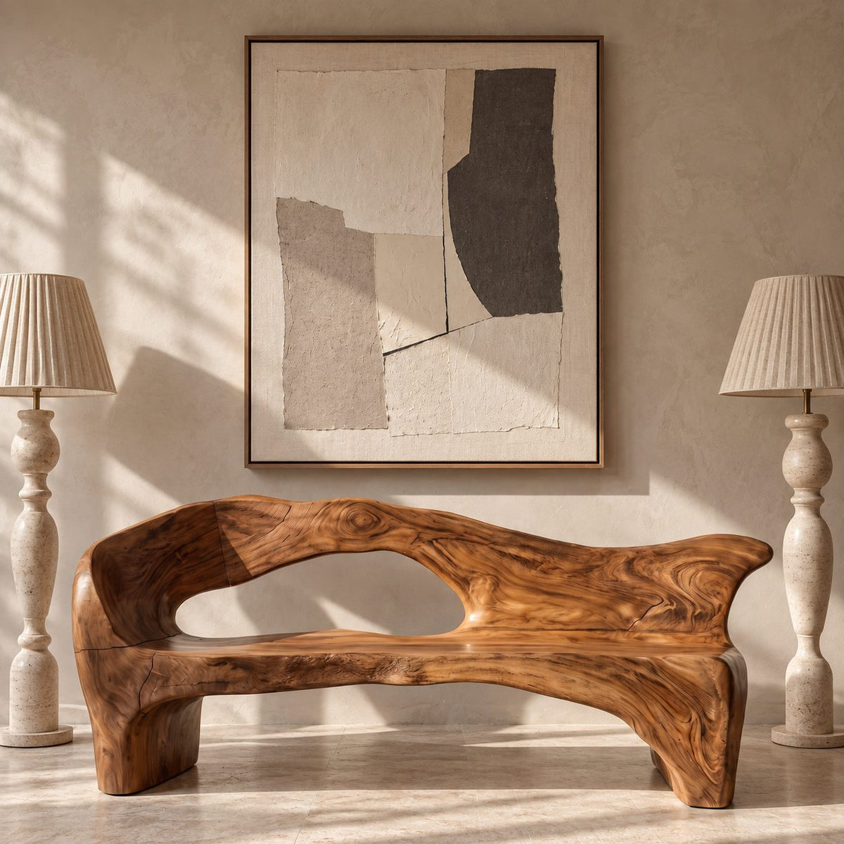 Freeform Carved Backrest Bench, Rustic Solid Wood Hallway Bench with Open Back and Rounded Arms