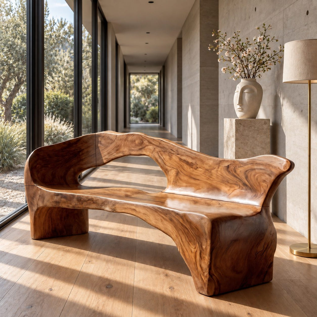 Freeform Carved Backrest Bench, Rustic Solid Wood Hallway Bench with Open Back and Rounded Arms