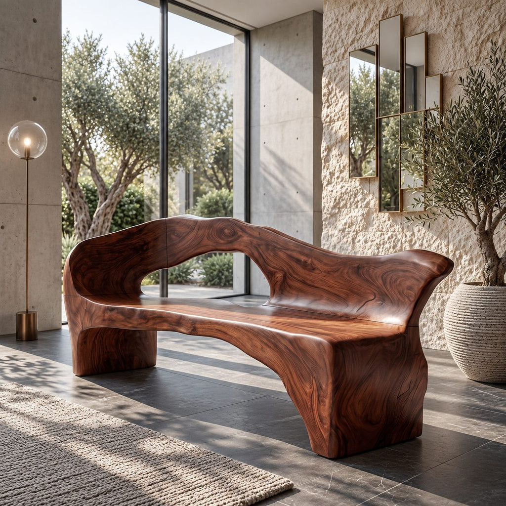 Freeform Carved Backrest Bench, Rustic Solid Wood Hallway Bench with Open Back and Rounded Arms
