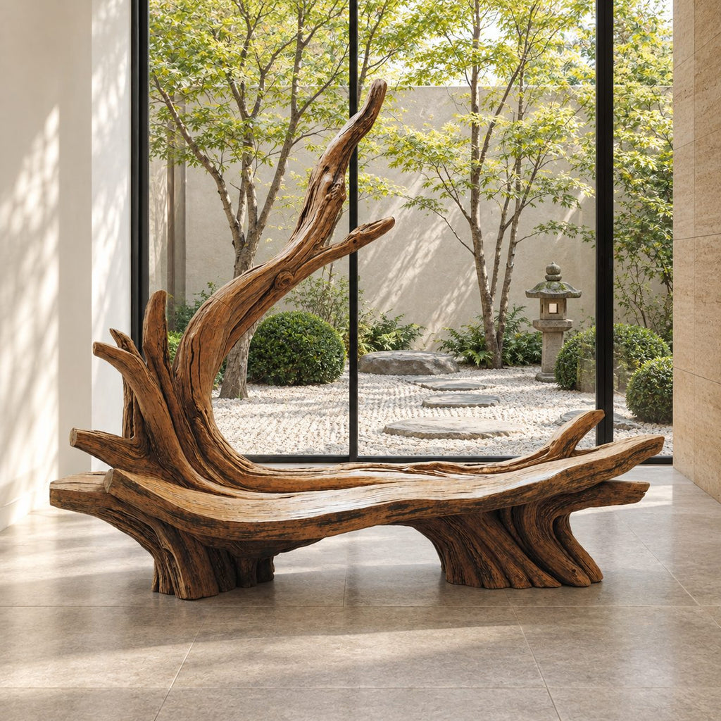 Sweeping Root Branch Bench, Hand Carved Driftwood Style Solid Wood Bench with Tall Branch Backrest