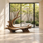 Sweeping Root Branch Bench, Hand Carved Driftwood Style Solid Wood Bench with Tall Branch Backrest