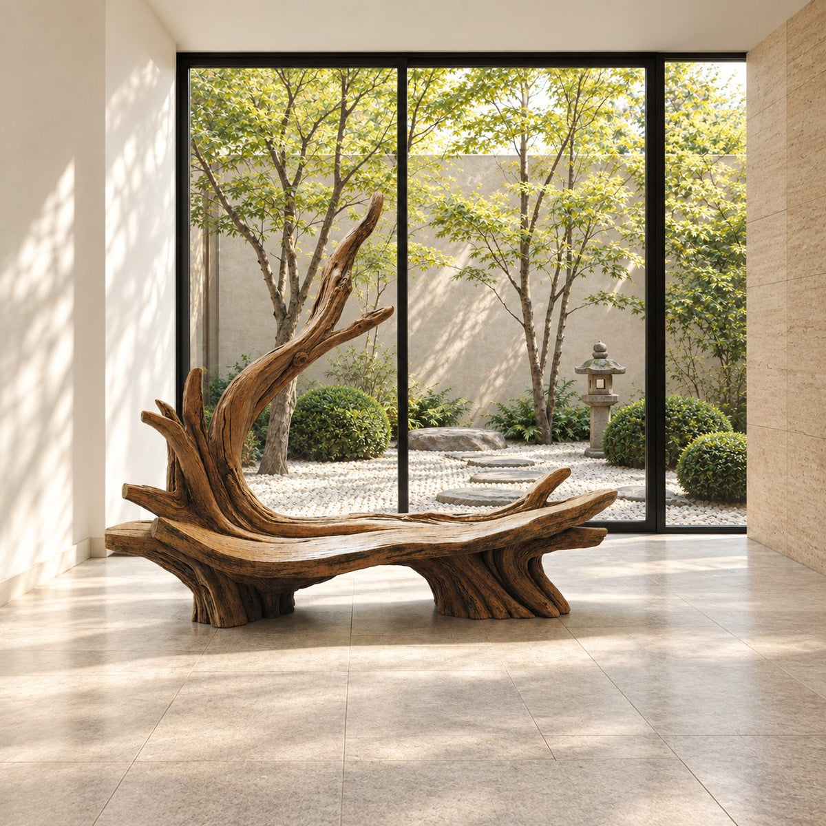 Sweeping Root Branch Bench, Hand Carved Driftwood Style Solid Wood Bench with Tall Branch Backrest