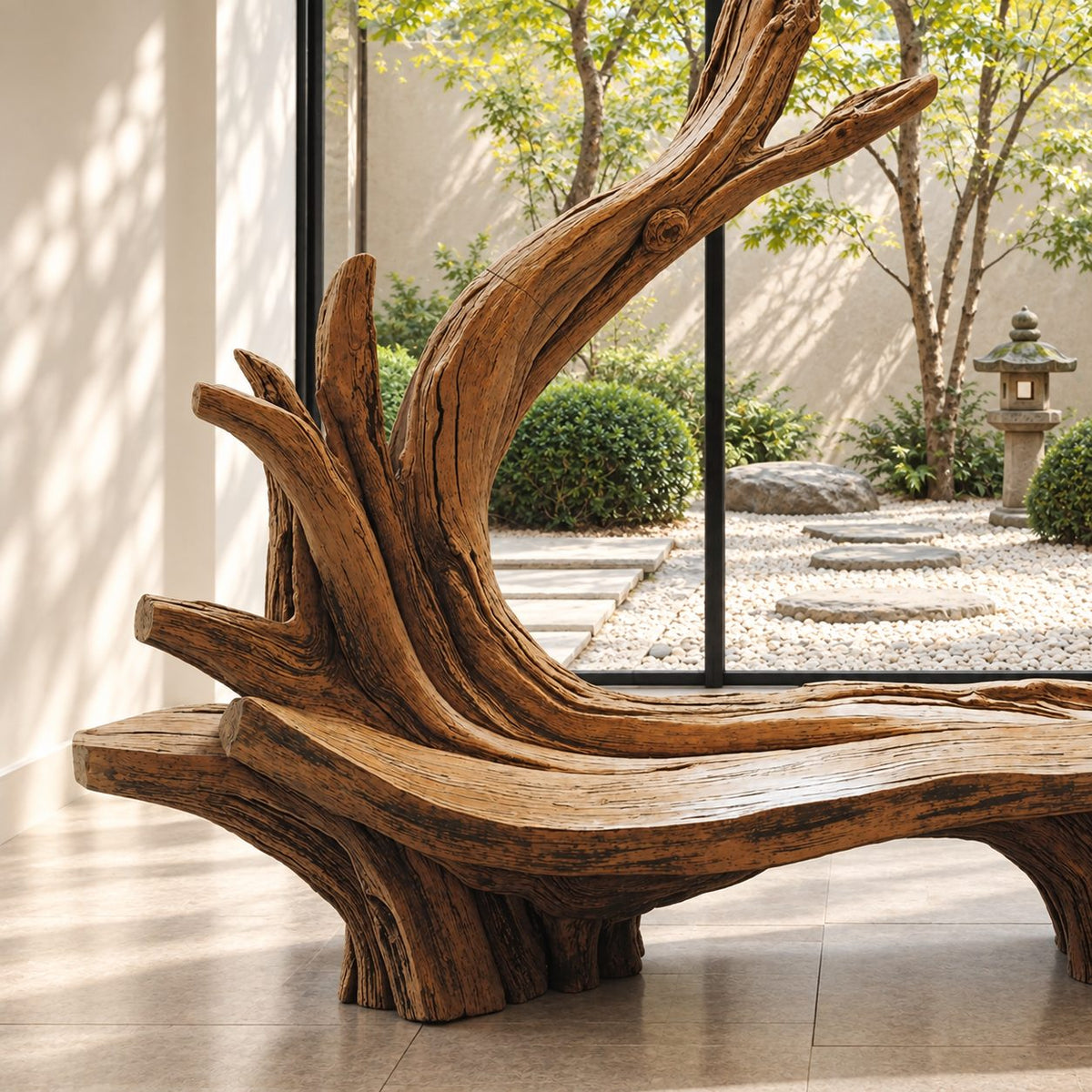 Sweeping Root Branch Bench, Hand Carved Driftwood Style Solid Wood Bench with Tall Branch Backrest