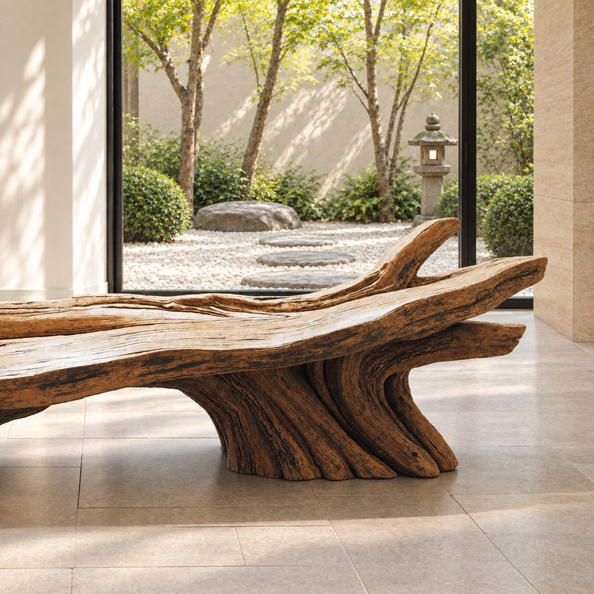 Sweeping Root Branch Bench, Hand Carved Driftwood Style Solid Wood Bench with Tall Branch Backrest