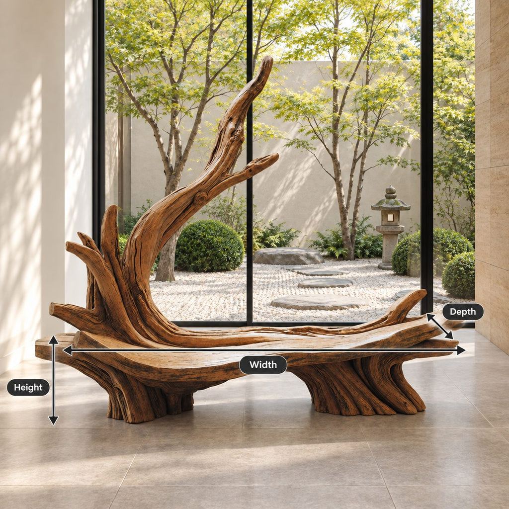 Sweeping Root Branch Bench, Hand Carved Driftwood Style Solid Wood Bench with Tall Branch Backrest