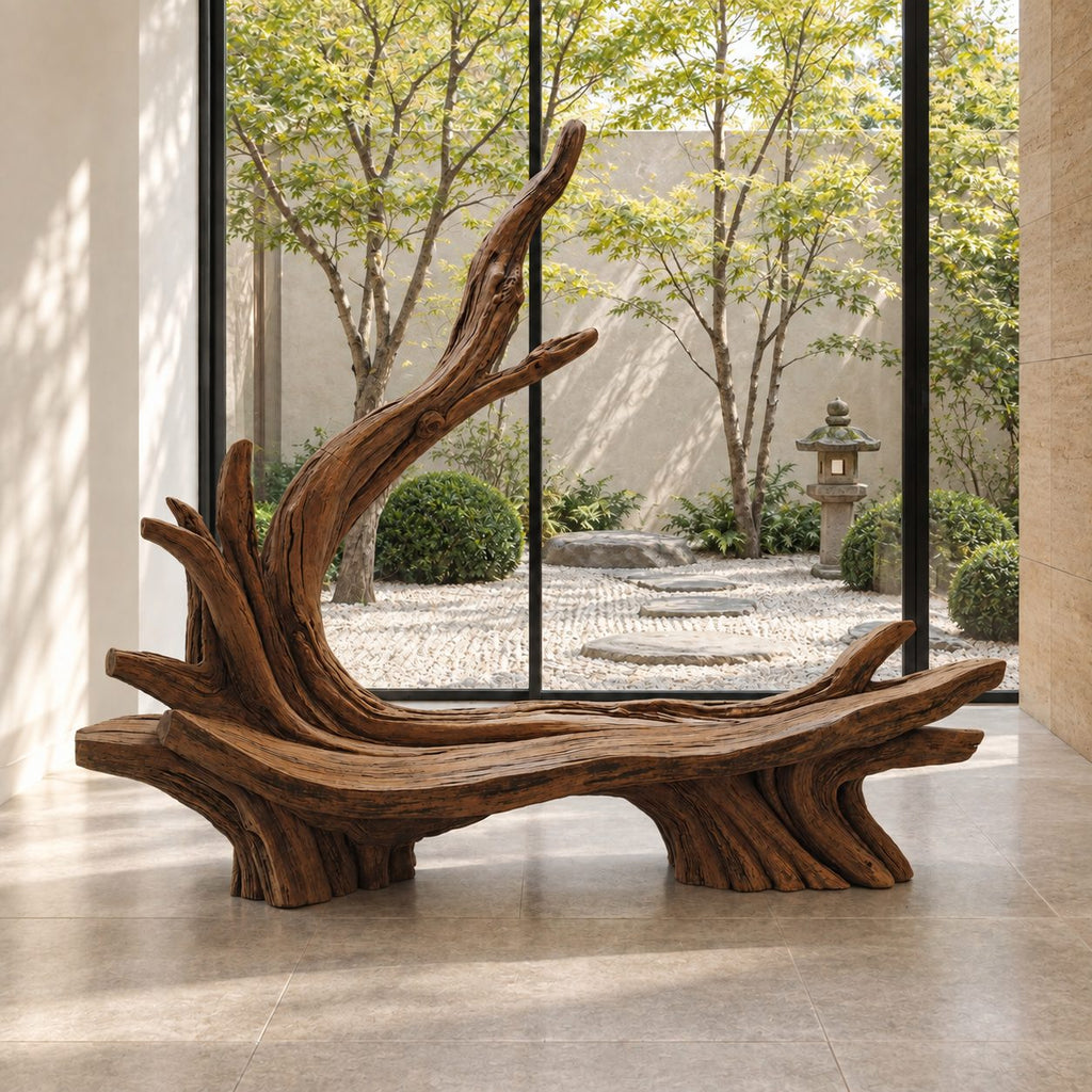 Sweeping Root Branch Bench, Hand Carved Driftwood Style Solid Wood Bench with Tall Branch Backrest