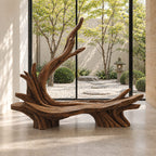 Sweeping Root Branch Bench, Hand Carved Driftwood Style Solid Wood Bench with Tall Branch Backrest
