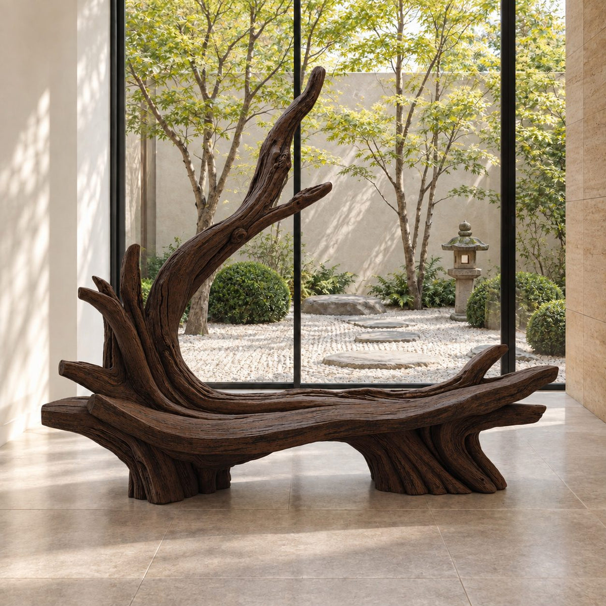 Sweeping Root Branch Bench, Hand Carved Driftwood Style Solid Wood Bench with Tall Branch Backrest
