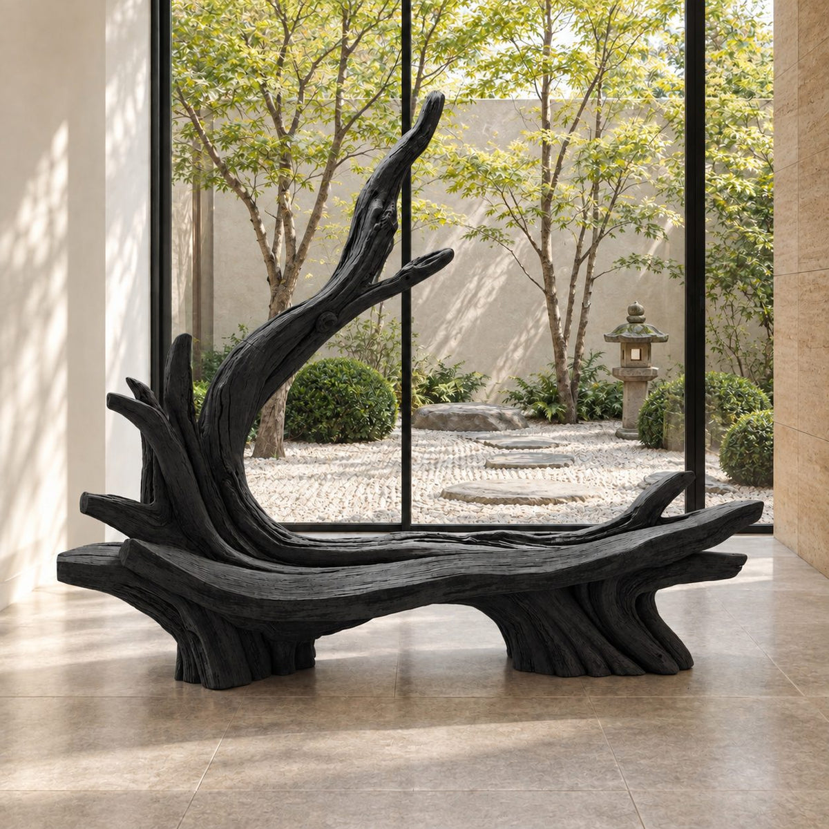 Sweeping Root Branch Bench, Hand Carved Driftwood Style Solid Wood Bench with Tall Branch Backrest