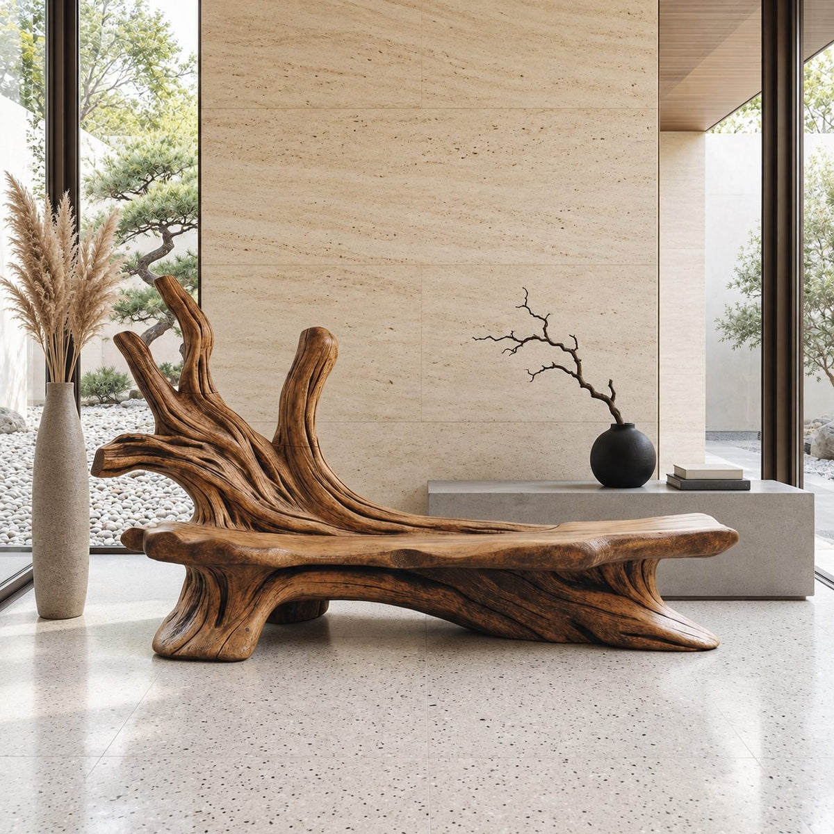 Antler Branch Root Bench, Natural Driftwood Style Solid Wood Entryway Bench with Raised Branch End