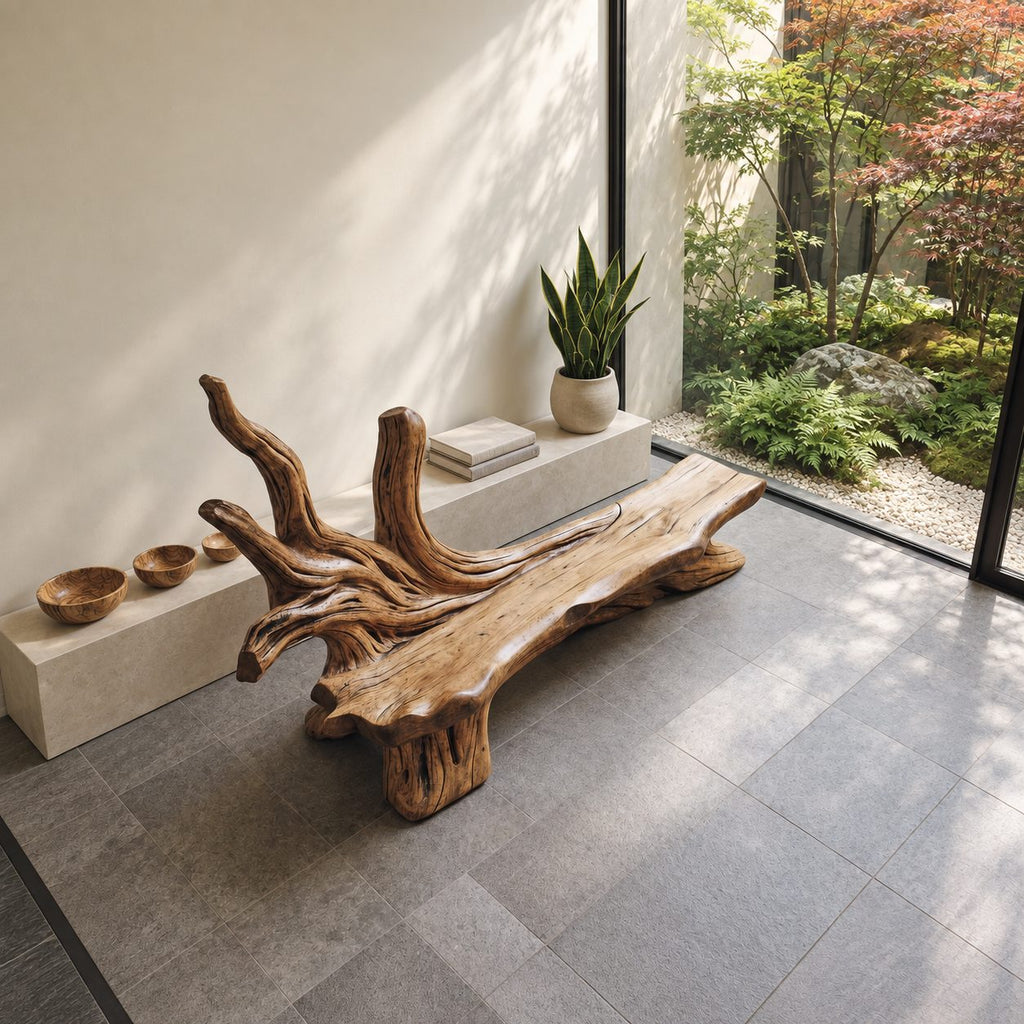 Antler Branch Root Bench, Natural Driftwood Style Solid Wood Entryway Bench with Raised Branch End