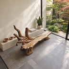 Antler Branch Root Bench, Natural Driftwood Style Solid Wood Entryway Bench with Raised Branch End