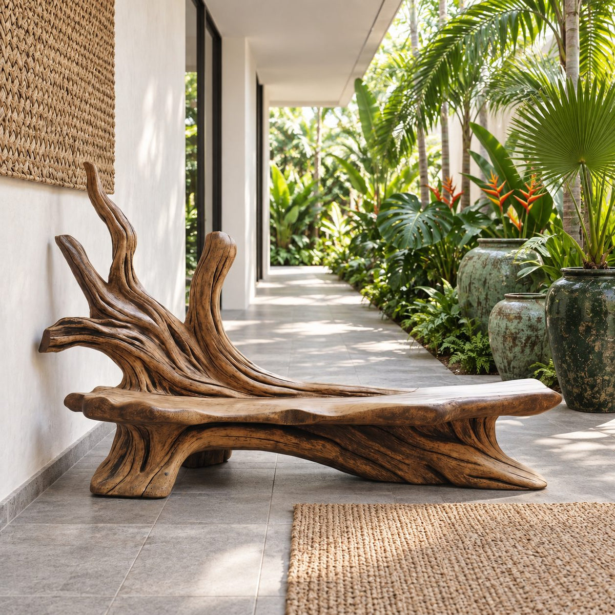Antler Branch Root Bench, Natural Driftwood Style Solid Wood Entryway Bench with Raised Branch End