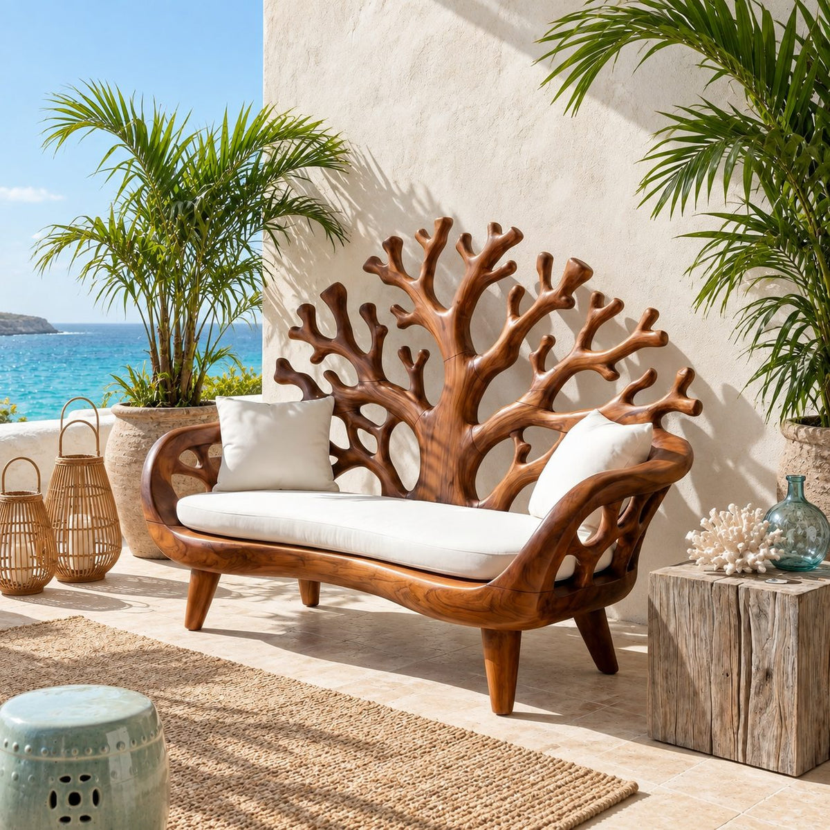 Coral Tree Backrest Loveseat Bench, Carved Solid Wood Settee Frame with Pierced Arms for Entry or Patio