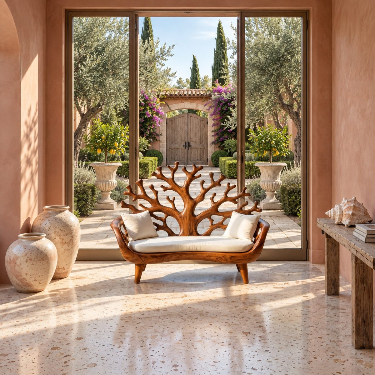 Coral Tree Backrest Loveseat Bench, Carved Solid Wood Settee Frame with Pierced Arms for Entry or Patio