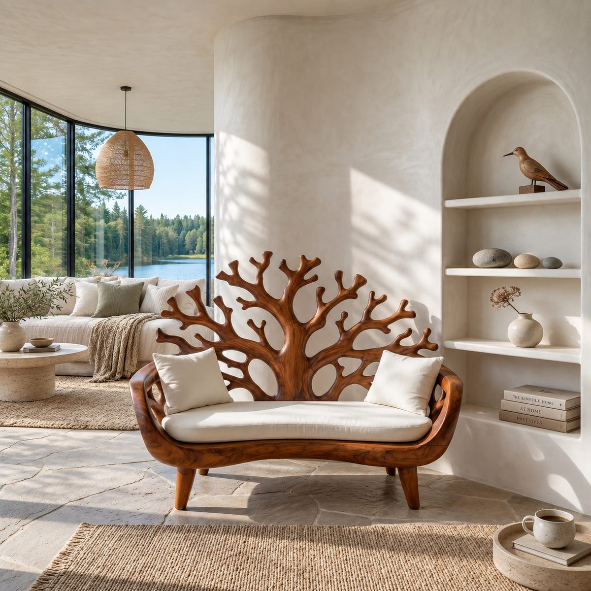 Coral Tree Backrest Loveseat Bench, Carved Solid Wood Settee Frame with Pierced Arms for Entry or Patio