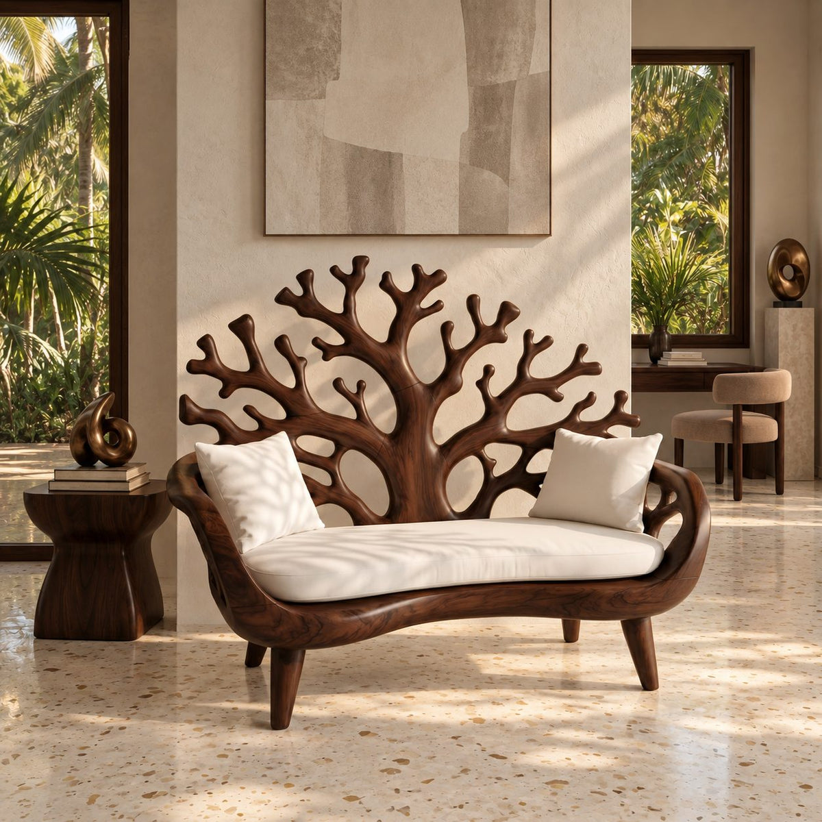 Coral Tree Backrest Loveseat Bench, Carved Solid Wood Settee Frame with Pierced Arms for Entry or Patio