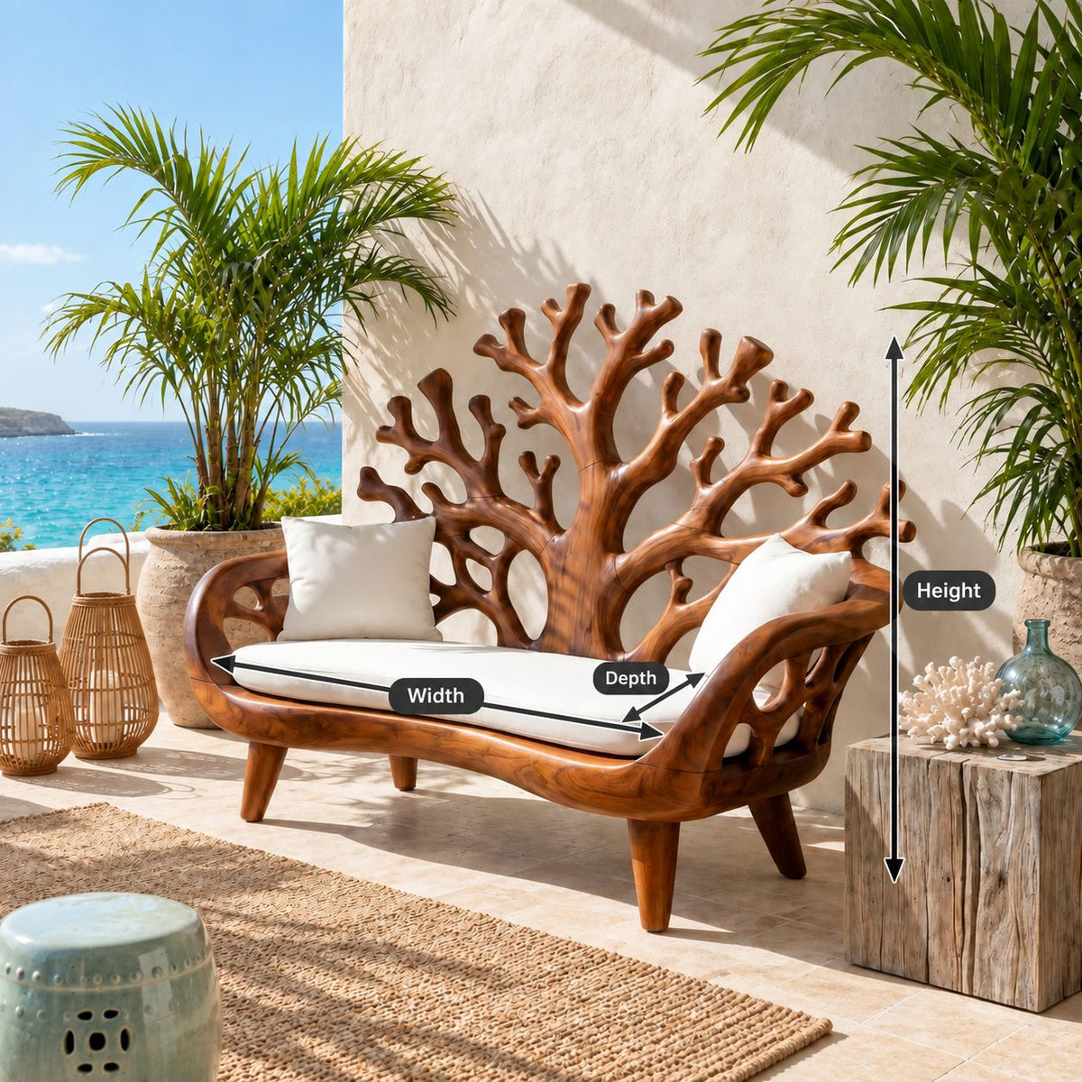 Coral Tree Backrest Loveseat Bench, Carved Solid Wood Settee Frame with Pierced Arms for Entry or Patio