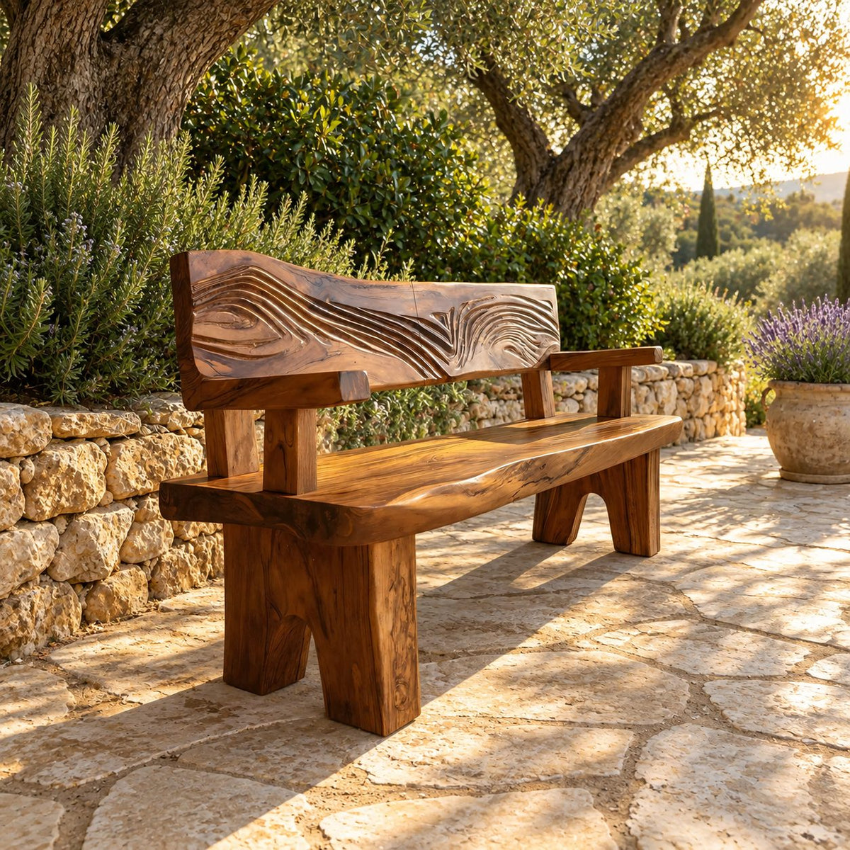 Wave Relief Backrest Bench, Rustic Solid Wood Porch and Entryway Bench with Arms and Block Legs