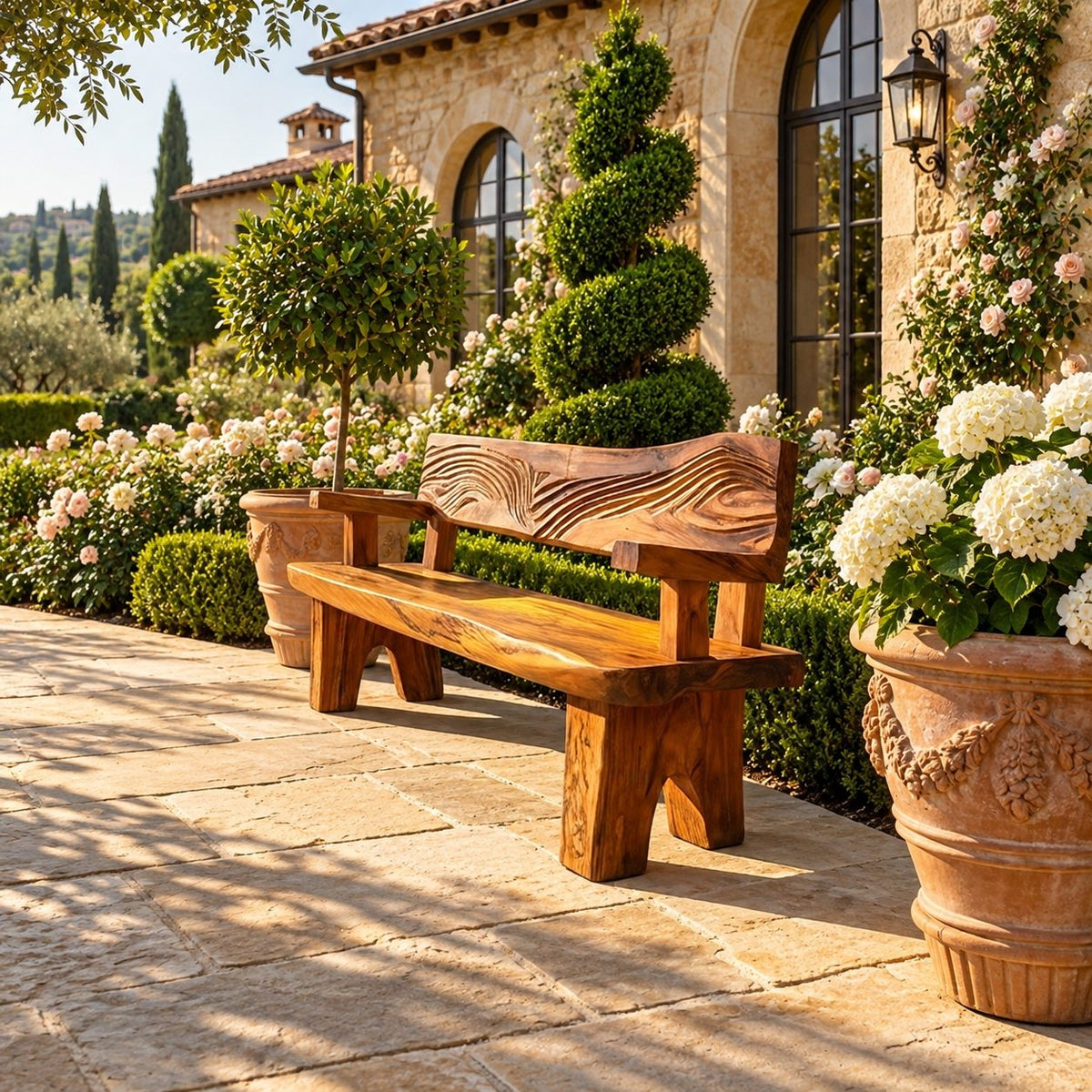 Wave Relief Backrest Bench, Rustic Solid Wood Porch and Entryway Bench with Arms and Block Legs