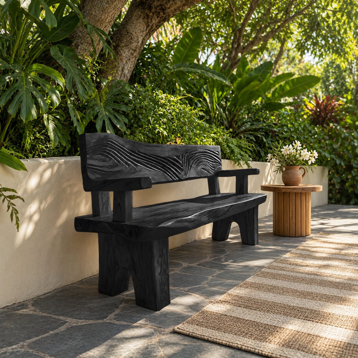 Wave Relief Backrest Bench, Rustic Solid Wood Porch and Entryway Bench with Arms and Block Legs