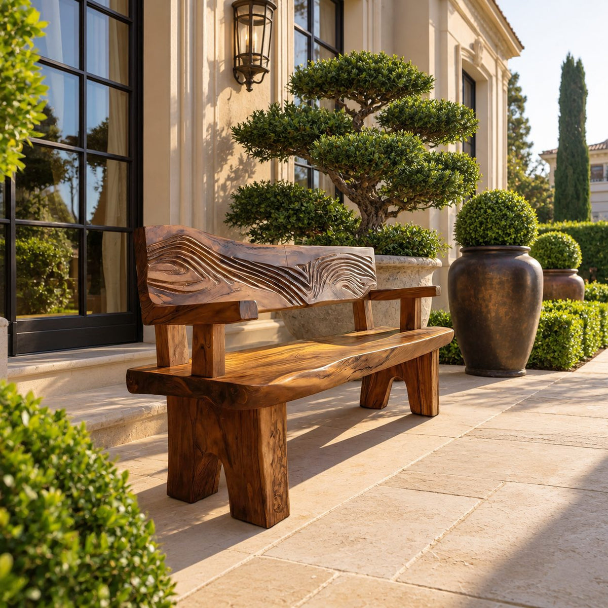 Wave Relief Backrest Bench, Rustic Solid Wood Porch and Entryway Bench with Arms and Block Legs