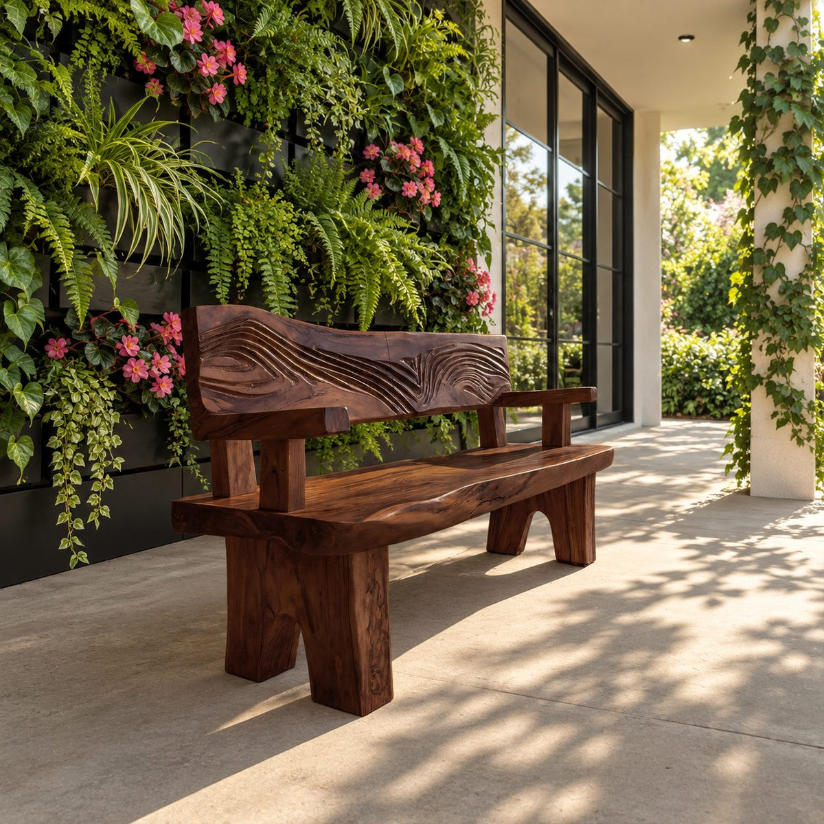 Wave Relief Backrest Bench, Rustic Solid Wood Porch and Entryway Bench with Arms and Block Legs