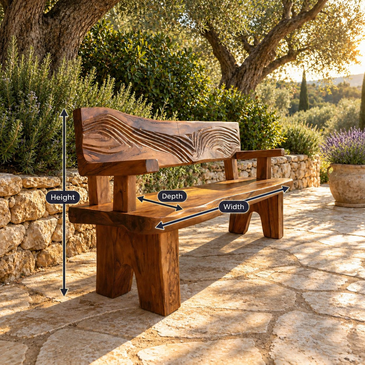 Wave Relief Backrest Bench, Rustic Solid Wood Porch and Entryway Bench with Arms and Block Legs