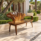 Fluted Clamshell Back Bench, Carved Solid Wood Entryway Bench with Curved Arms and Tapered Legs