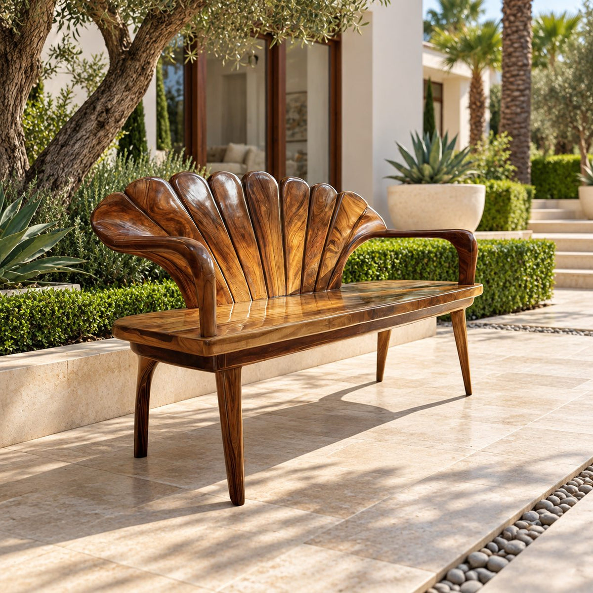 Fluted Clamshell Back Bench, Carved Solid Wood Entryway Bench with Curved Arms and Tapered Legs