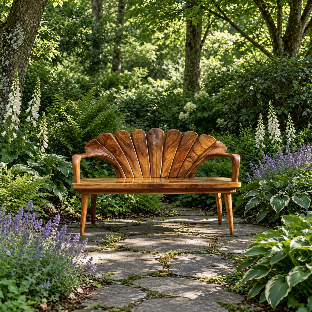 Fluted Clamshell Back Bench, Carved Solid Wood Entryway Bench with Curved Arms and Tapered Legs
