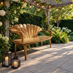 Fluted Clamshell Back Bench, Carved Solid Wood Entryway Bench with Curved Arms and Tapered Legs