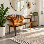 Fluted Clamshell Back Bench, Carved Solid Wood Entryway Bench with Curved Arms and Tapered Legs