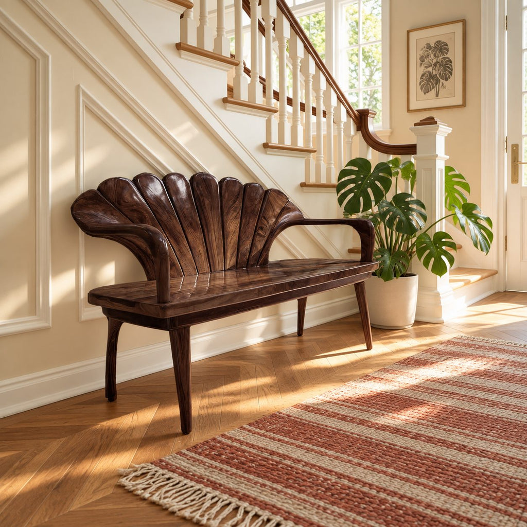 Fluted Clamshell Back Bench, Carved Solid Wood Entryway Bench with Curved Arms and Tapered Legs