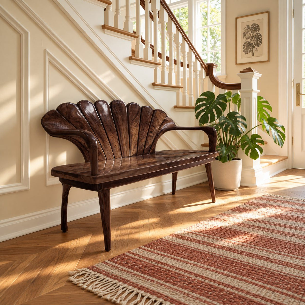 Fluted Clamshell Back Bench, Carved Solid Wood Entryway Bench with Curved Arms and Tapered Legs
