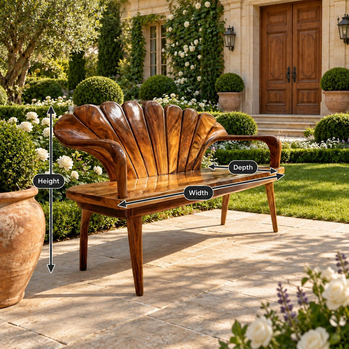 Fluted Clamshell Back Bench, Carved Solid Wood Entryway Bench with Curved Arms and Tapered Legs