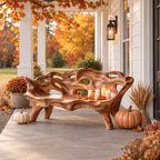 Pierced Lattice Organic Bench, Hand Carved Solid Wood Porch and Patio Bench with Flowing Open Back