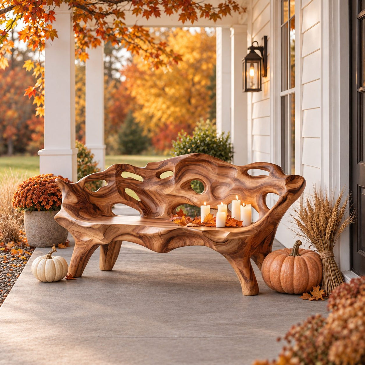 Pierced Lattice Organic Bench, Hand Carved Solid Wood Porch and Patio Bench with Flowing Open Back