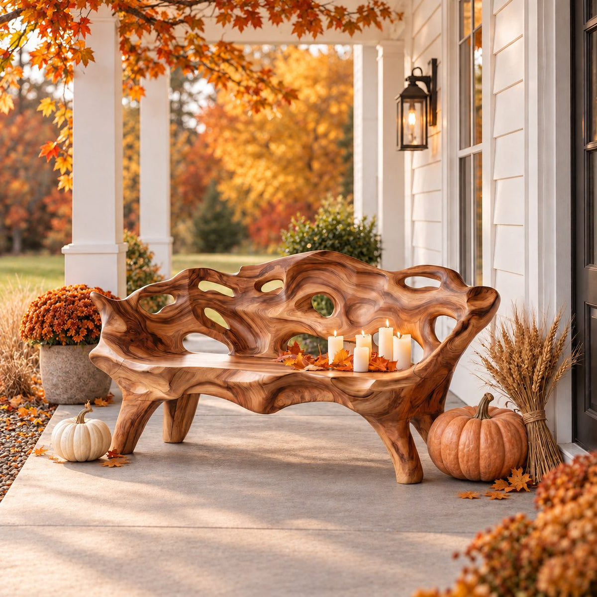 Pierced Lattice Organic Bench, Hand Carved Solid Wood Porch and Patio Bench with Flowing Open Back