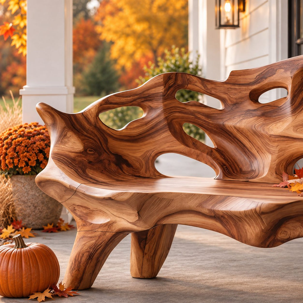 Pierced Lattice Organic Bench, Hand Carved Solid Wood Porch and Patio Bench with Flowing Open Back