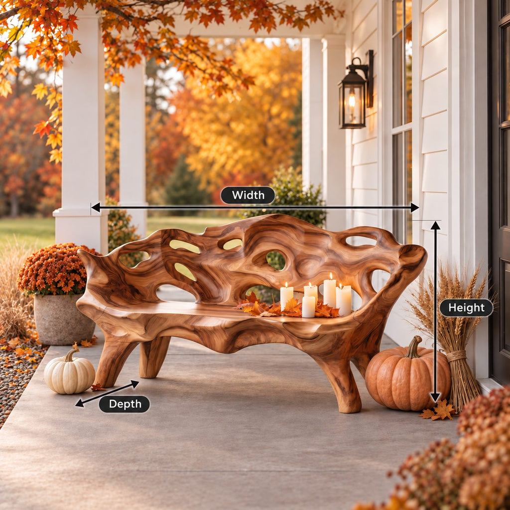 Pierced Lattice Organic Bench, Hand Carved Solid Wood Porch and Patio Bench with Flowing Open Back