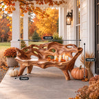 Pierced Lattice Organic Bench, Hand Carved Solid Wood Porch and Patio Bench with Flowing Open Back