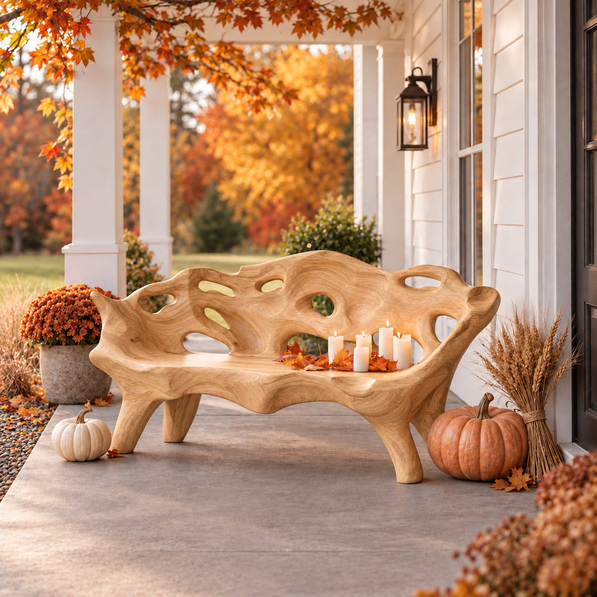 Pierced Lattice Organic Bench, Hand Carved Solid Wood Porch and Patio Bench with Flowing Open Back