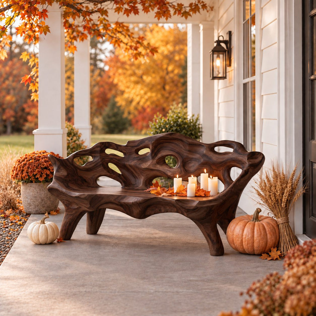 Pierced Lattice Organic Bench, Hand Carved Solid Wood Porch and Patio Bench with Flowing Open Back