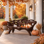 Pierced Lattice Organic Bench, Hand Carved Solid Wood Porch and Patio Bench with Flowing Open Back