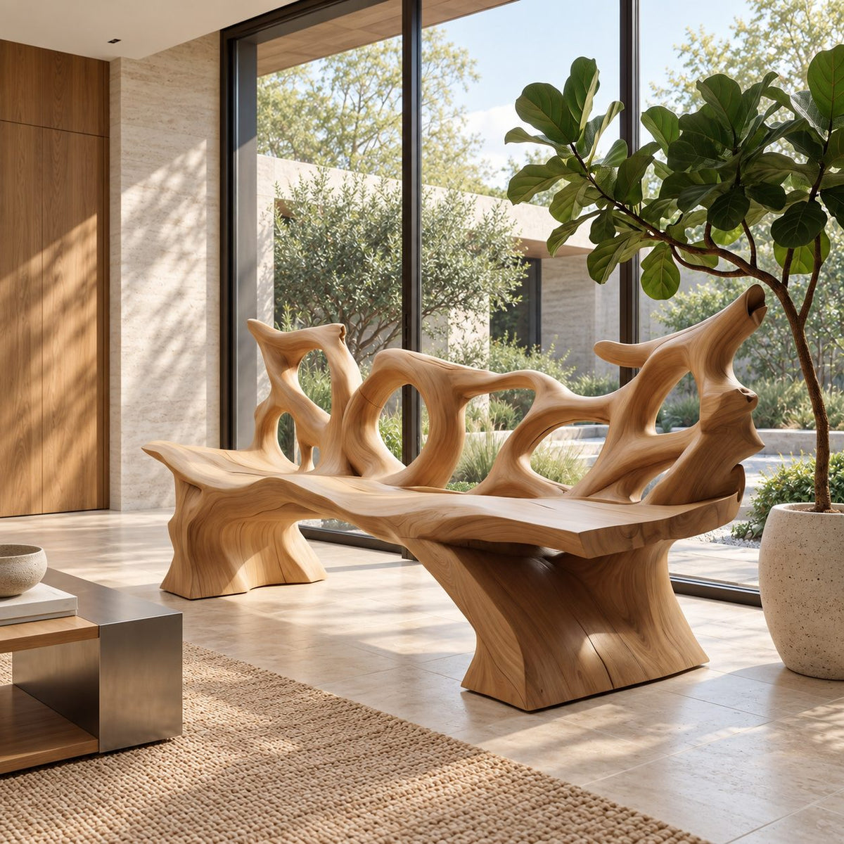 Tangled Root Loop Bench, Carved Branch Style Solid Wood Bench with Open Looping Backrest