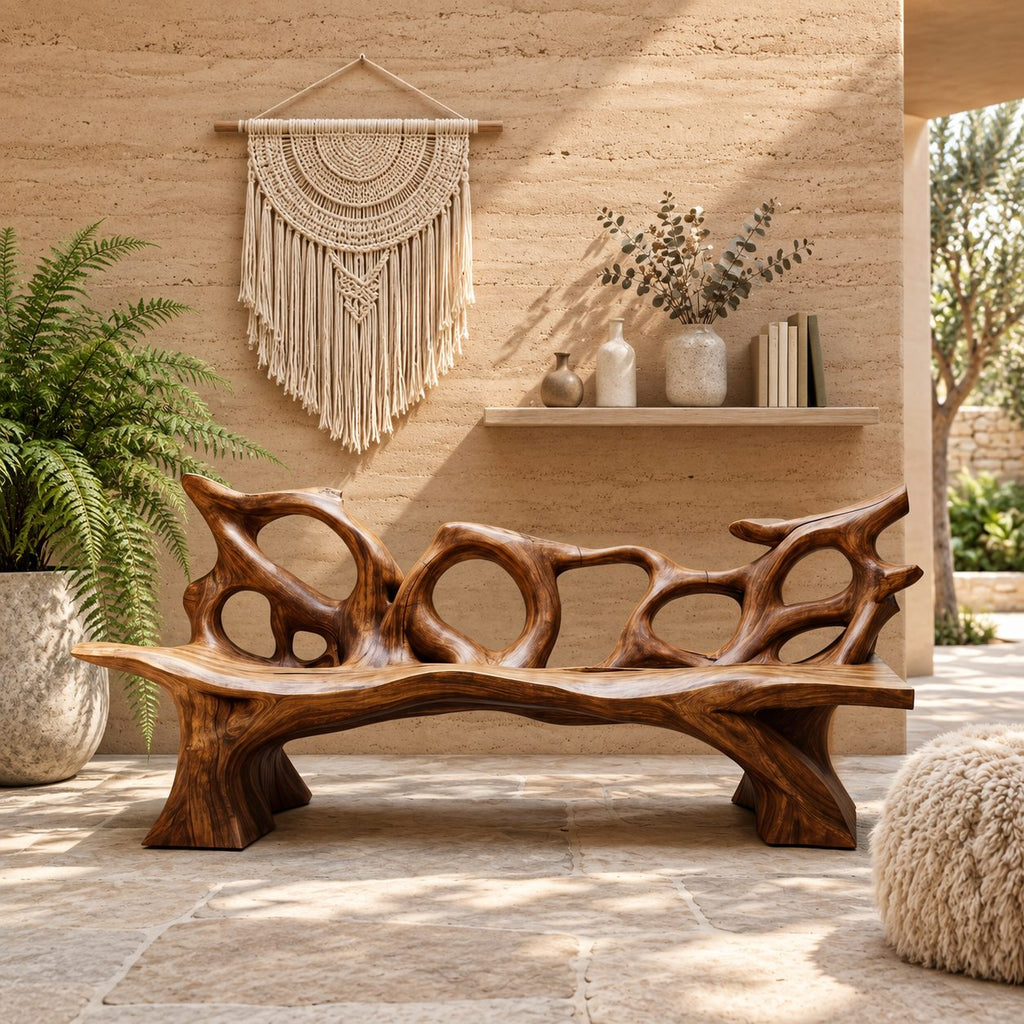 Tangled Root Loop Bench, Carved Branch Style Solid Wood Bench with Open Looping Backrest