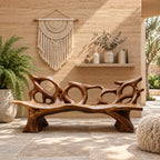 Tangled Root Loop Bench, Carved Branch Style Solid Wood Bench with Open Looping Backrest